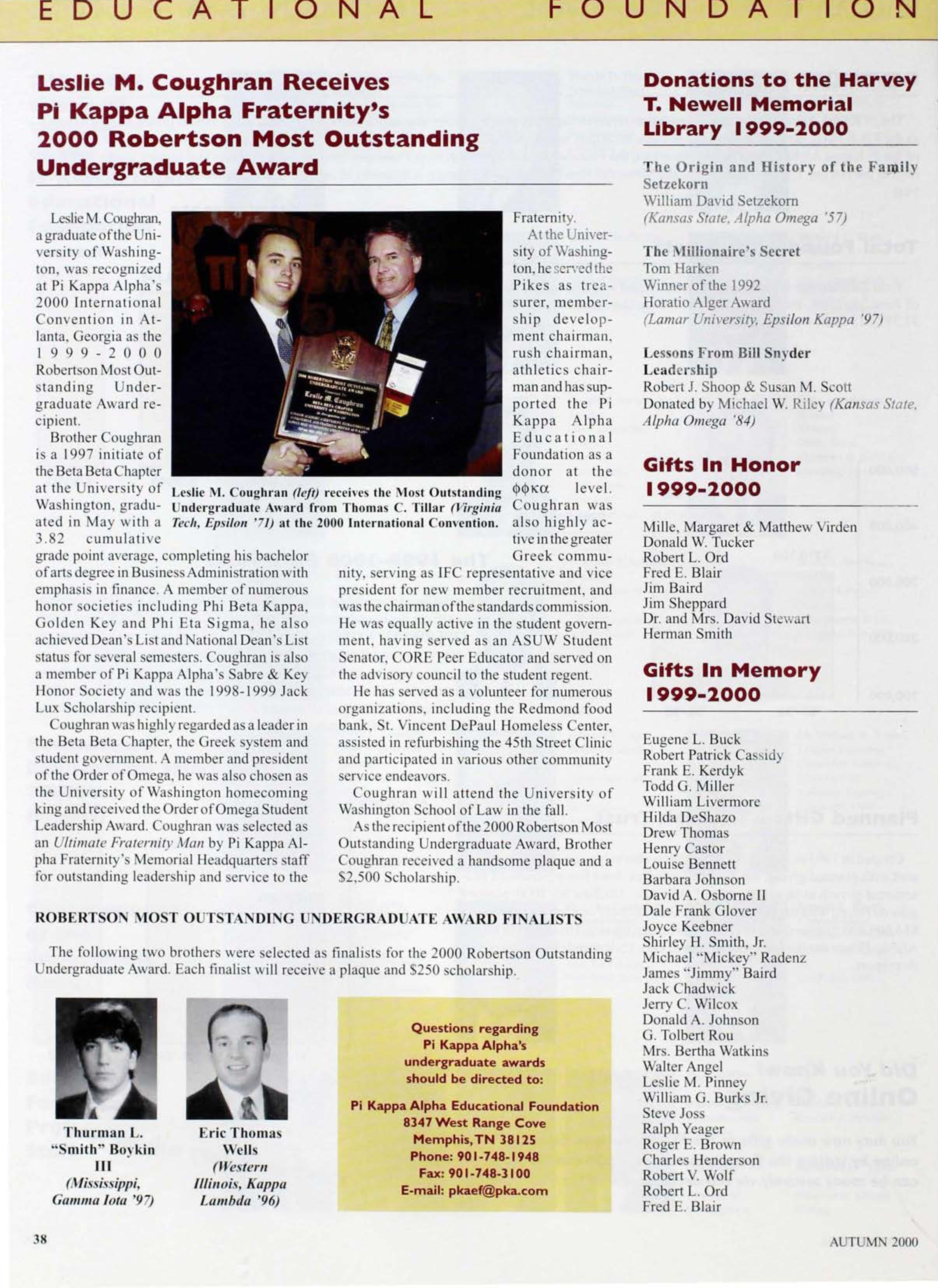 Educational Foundation: Leslie M. Coughran Receives Pi Kappa Alpha Fraternity's....., Autumn 2000
